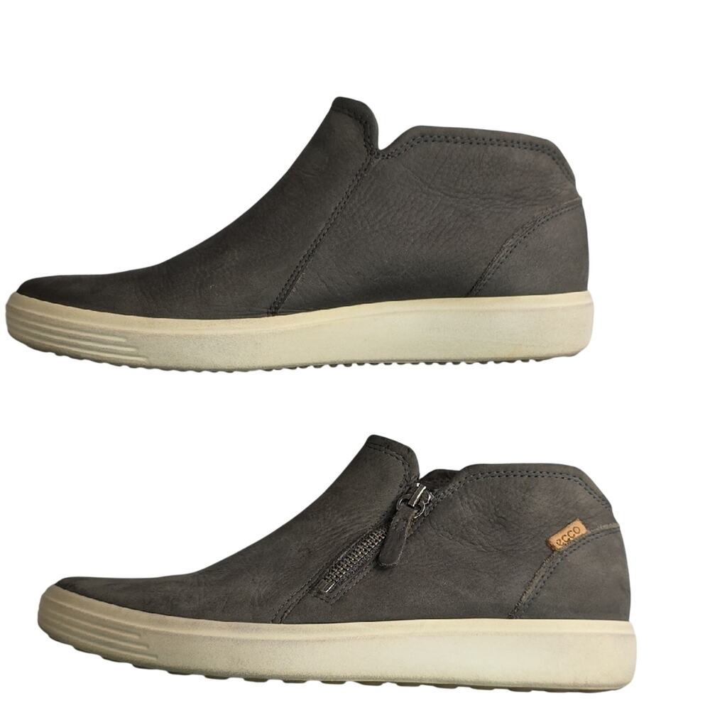 ECCO SOFT 7 Womens Sz 9 Gray Logo Leather Side-zip Low Bootie Shoes 43024302602
